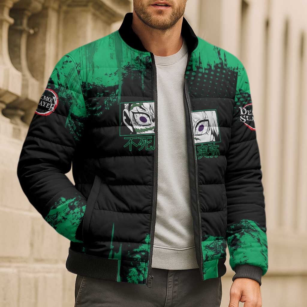 Sanemi Shinazugawa Demon Slayer Green and Black Grunge Bomber Puffer Jacket Design with Intense Eyes and Wind Hashira Theme - The Mazicc