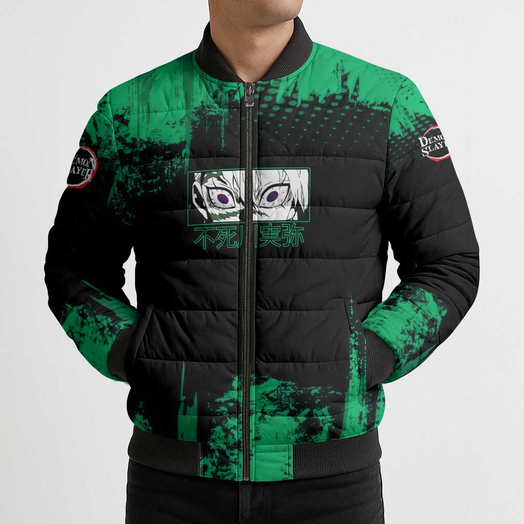 Sanemi Shinazugawa Demon Slayer Green and Black Grunge Bomber Puffer Jacket Design with Intense Eyes and Wind Hashira Theme - The Mazicc