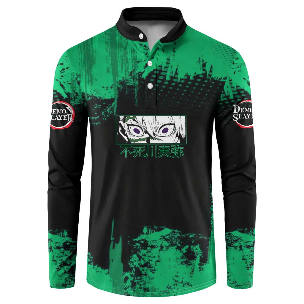 Sanemi Shinazugawa Demon Slayer Green and Black Grunge Button Sweatshirt Design with Intense Eyes and Wind Hashira Theme - The Mazicc