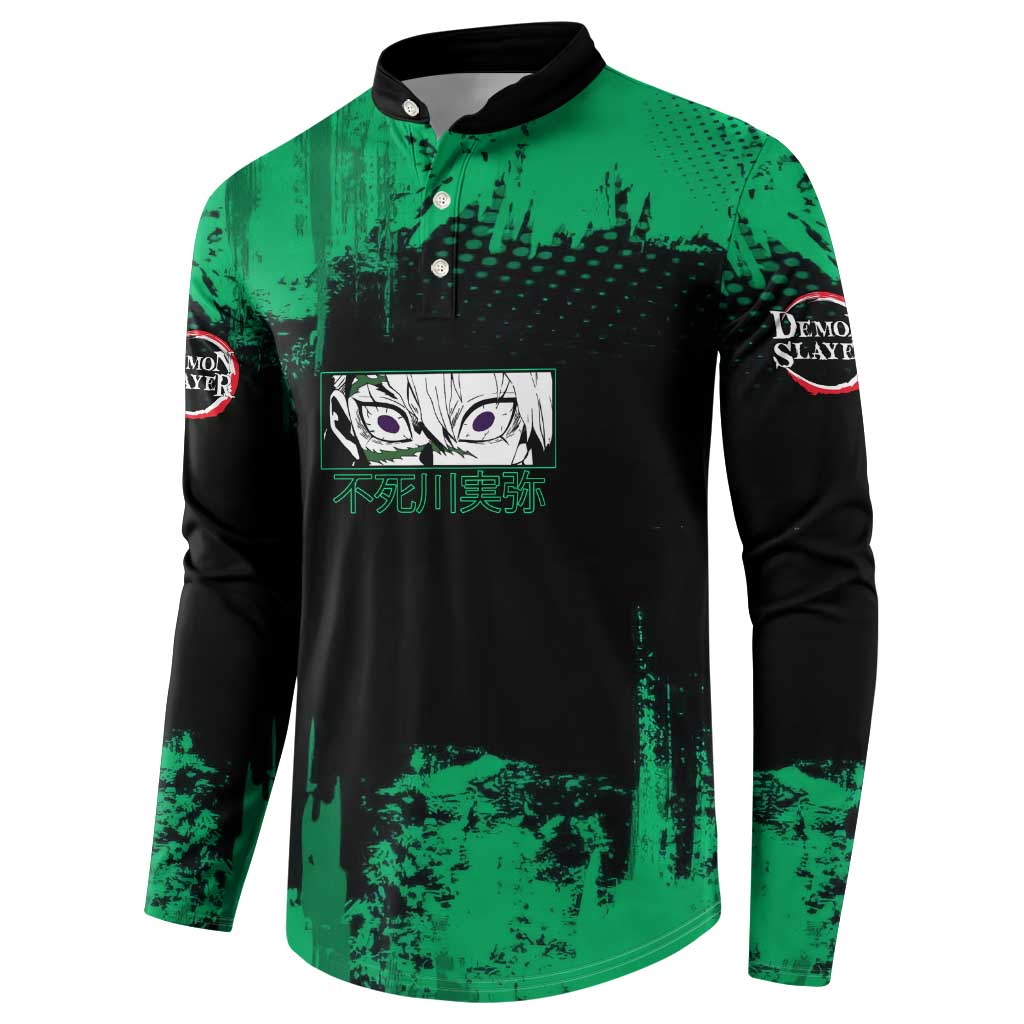 Sanemi Shinazugawa Demon Slayer Green and Black Grunge Button Sweatshirt Design with Intense Eyes and Wind Hashira Theme - The Mazicc
