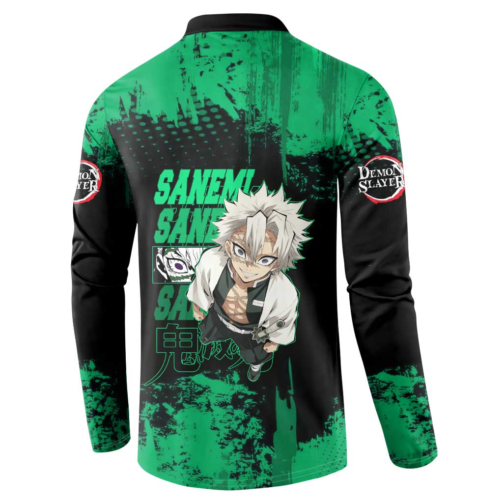 Sanemi Shinazugawa Demon Slayer Green and Black Grunge Button Sweatshirt Design with Intense Eyes and Wind Hashira Theme - The Mazicc