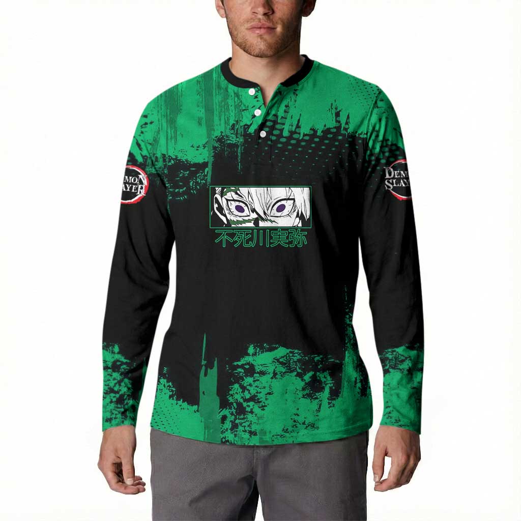 Sanemi Shinazugawa Demon Slayer Green and Black Grunge Button Sweatshirt Design with Intense Eyes and Wind Hashira Theme - The Mazicc