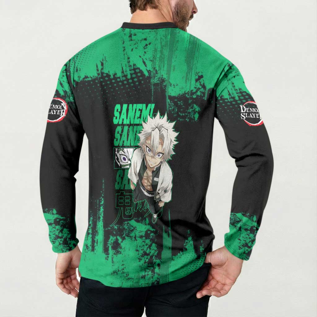 Sanemi Shinazugawa Demon Slayer Green and Black Grunge Button Sweatshirt Design with Intense Eyes and Wind Hashira Theme - The Mazicc