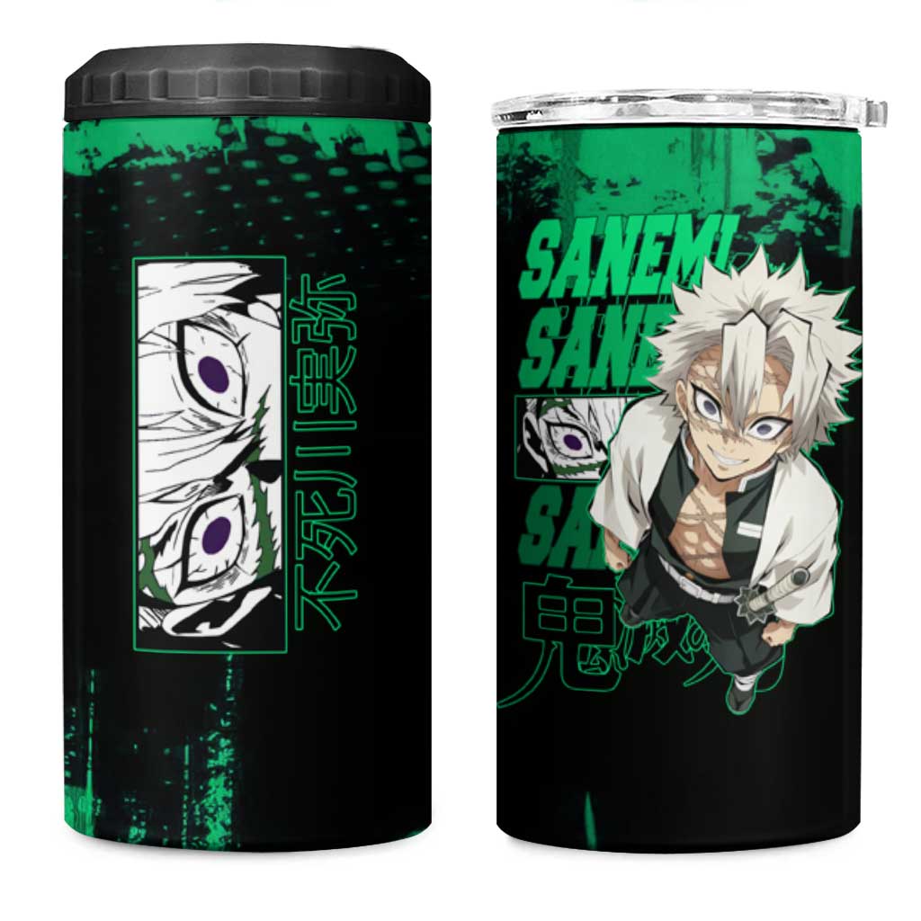 Sanemi Shinazugawa Demon Slayer Green and Black Grunge 4 in 1 Can Cooler Tumbler Design with Intense Eyes and Wind Hashira Theme - The Mazicc