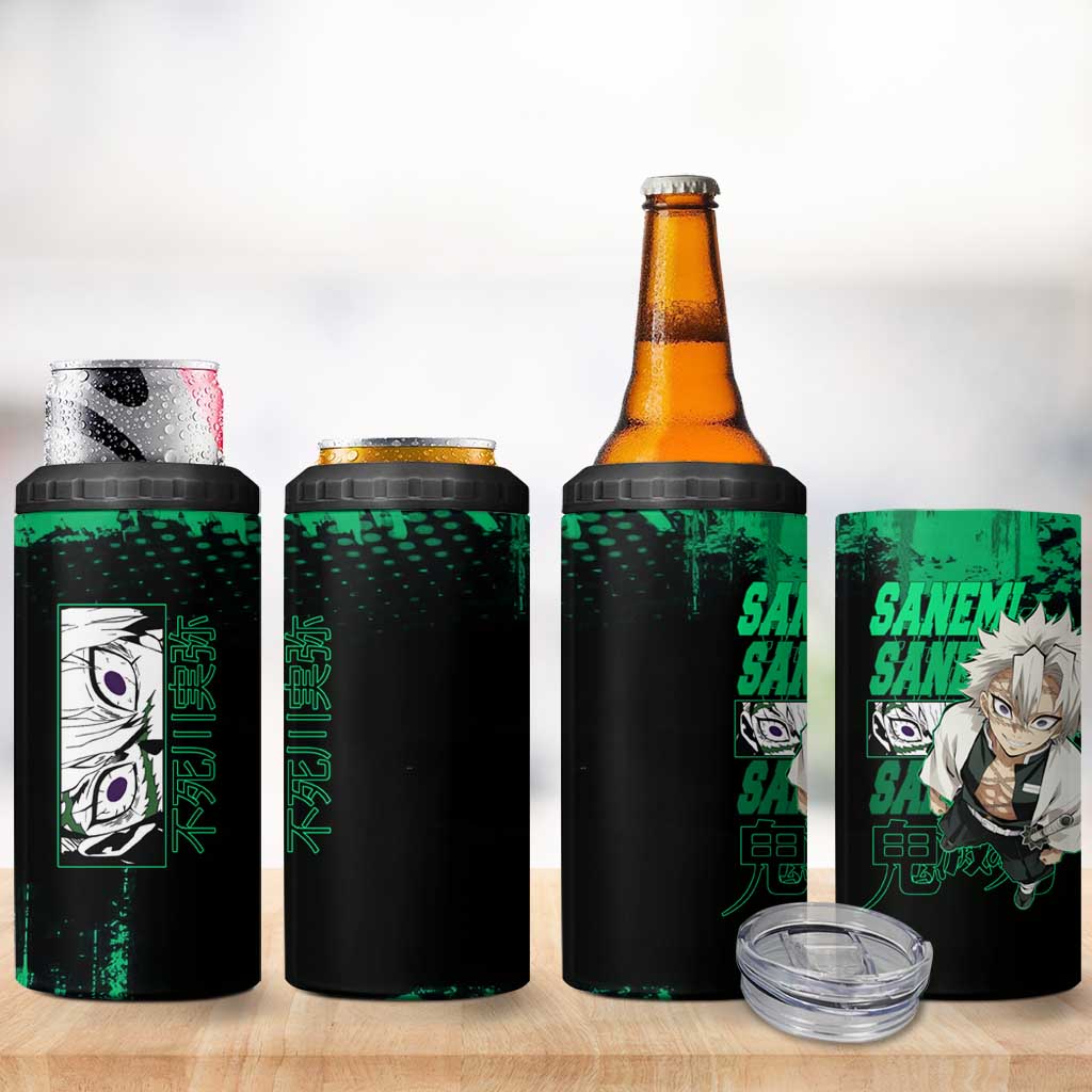 Sanemi Shinazugawa Demon Slayer Green and Black Grunge 4 in 1 Can Cooler Tumbler Design with Intense Eyes and Wind Hashira Theme - The Mazicc