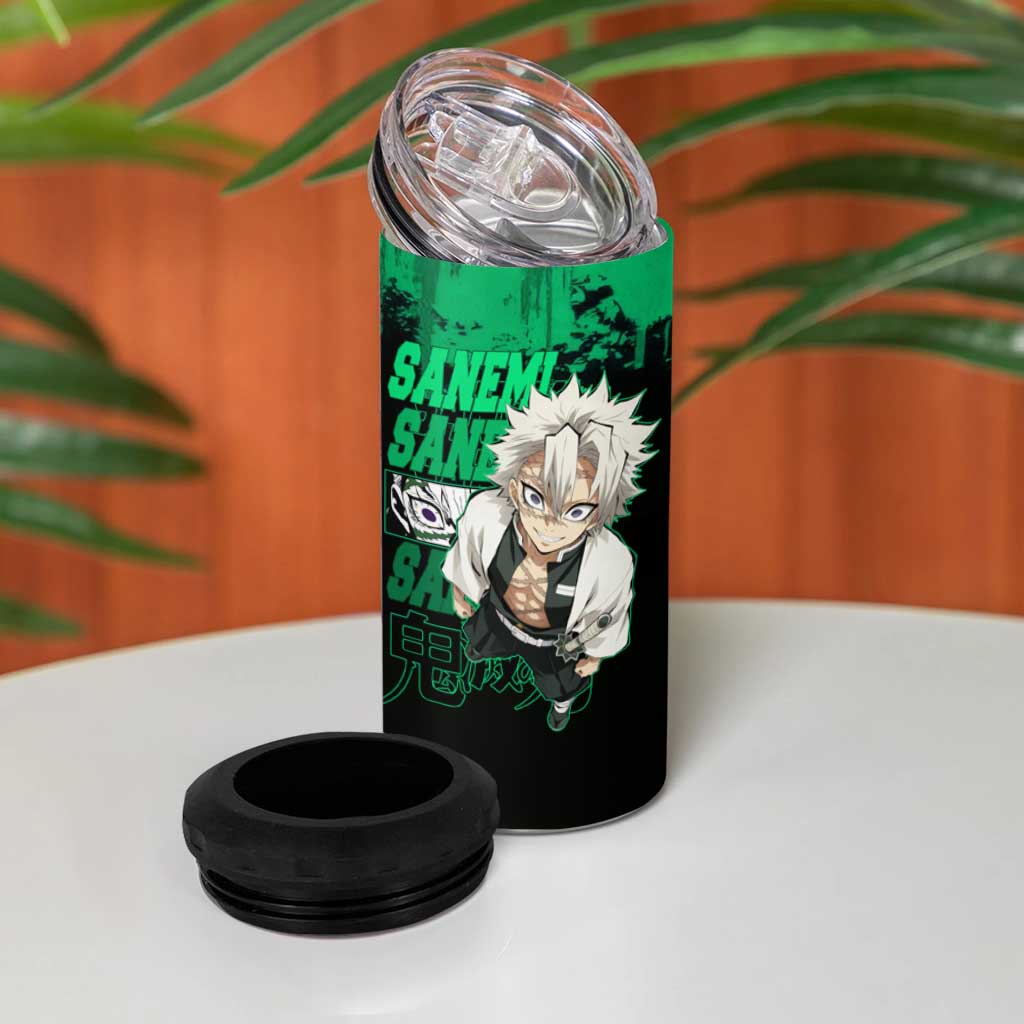Sanemi Shinazugawa Demon Slayer Green and Black Grunge 4 in 1 Can Cooler Tumbler Design with Intense Eyes and Wind Hashira Theme - The Mazicc