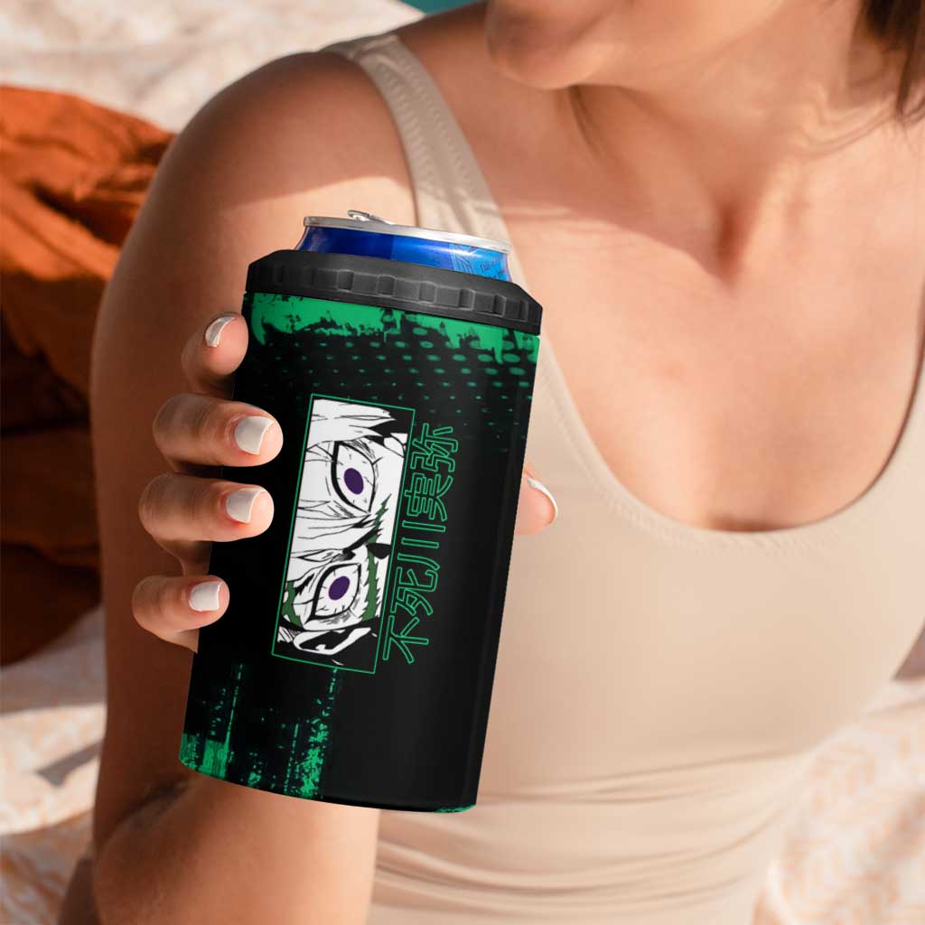Sanemi Shinazugawa Demon Slayer Green and Black Grunge 4 in 1 Can Cooler Tumbler Design with Intense Eyes and Wind Hashira Theme - The Mazicc