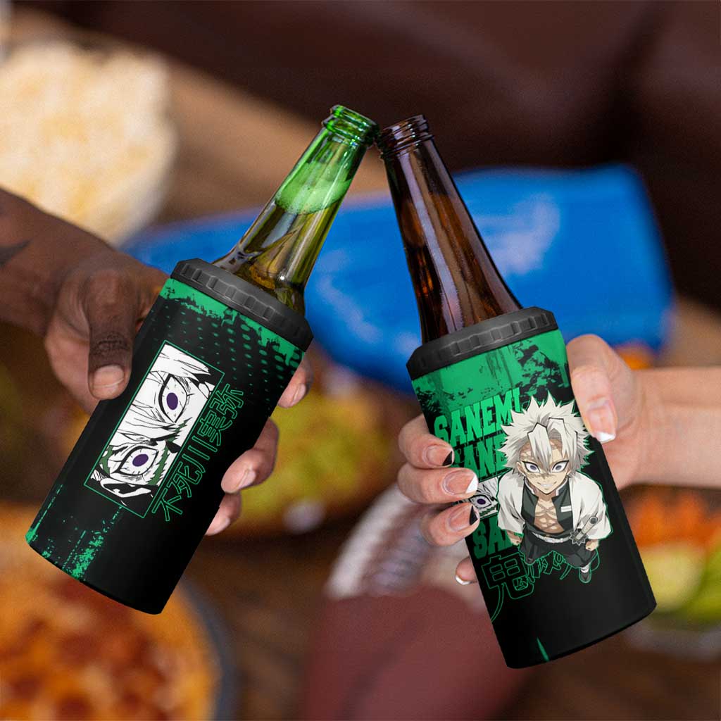 Sanemi Shinazugawa Demon Slayer Green and Black Grunge 4 in 1 Can Cooler Tumbler Design with Intense Eyes and Wind Hashira Theme - The Mazicc
