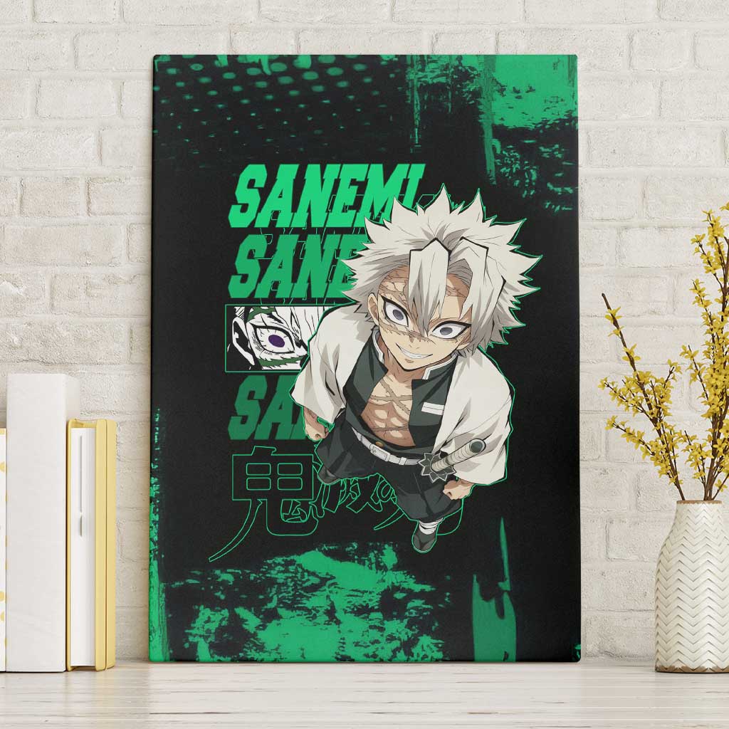 Sanemi Shinazugawa Demon Slayer Green and Black Grunge Canvas Wall Art Design with Intense Eyes and Wind Hashira Theme - The Mazicc