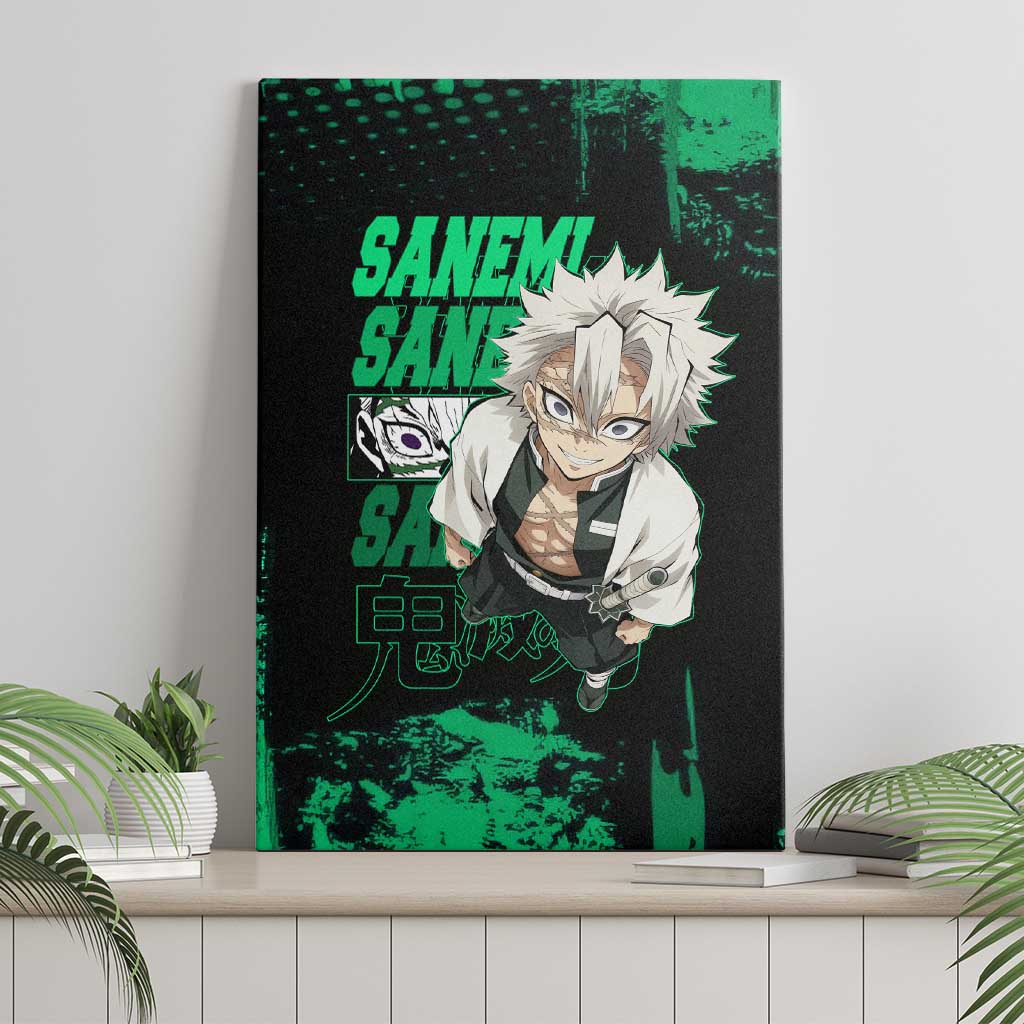 Sanemi Shinazugawa Demon Slayer Green and Black Grunge Canvas Wall Art Design with Intense Eyes and Wind Hashira Theme - The Mazicc