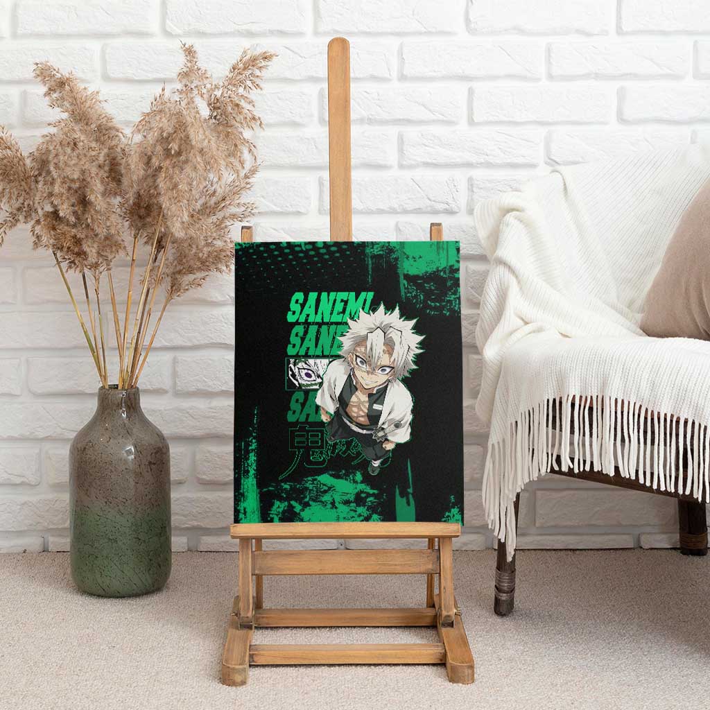 Sanemi Shinazugawa Demon Slayer Green and Black Grunge Canvas Wall Art Design with Intense Eyes and Wind Hashira Theme - The Mazicc