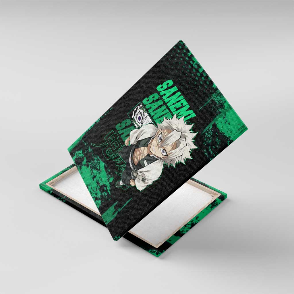 Sanemi Shinazugawa Demon Slayer Green and Black Grunge Canvas Wall Art Design with Intense Eyes and Wind Hashira Theme - The Mazicc