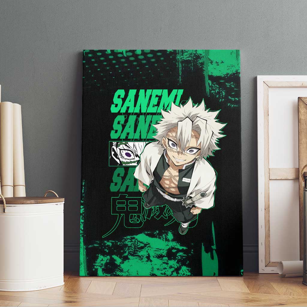 Sanemi Shinazugawa Demon Slayer Green and Black Grunge Canvas Wall Art Design with Intense Eyes and Wind Hashira Theme - The Mazicc