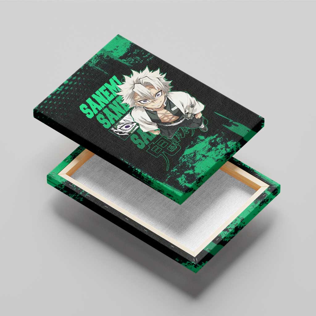 Sanemi Shinazugawa Demon Slayer Green and Black Grunge Canvas Wall Art Design with Intense Eyes and Wind Hashira Theme - The Mazicc