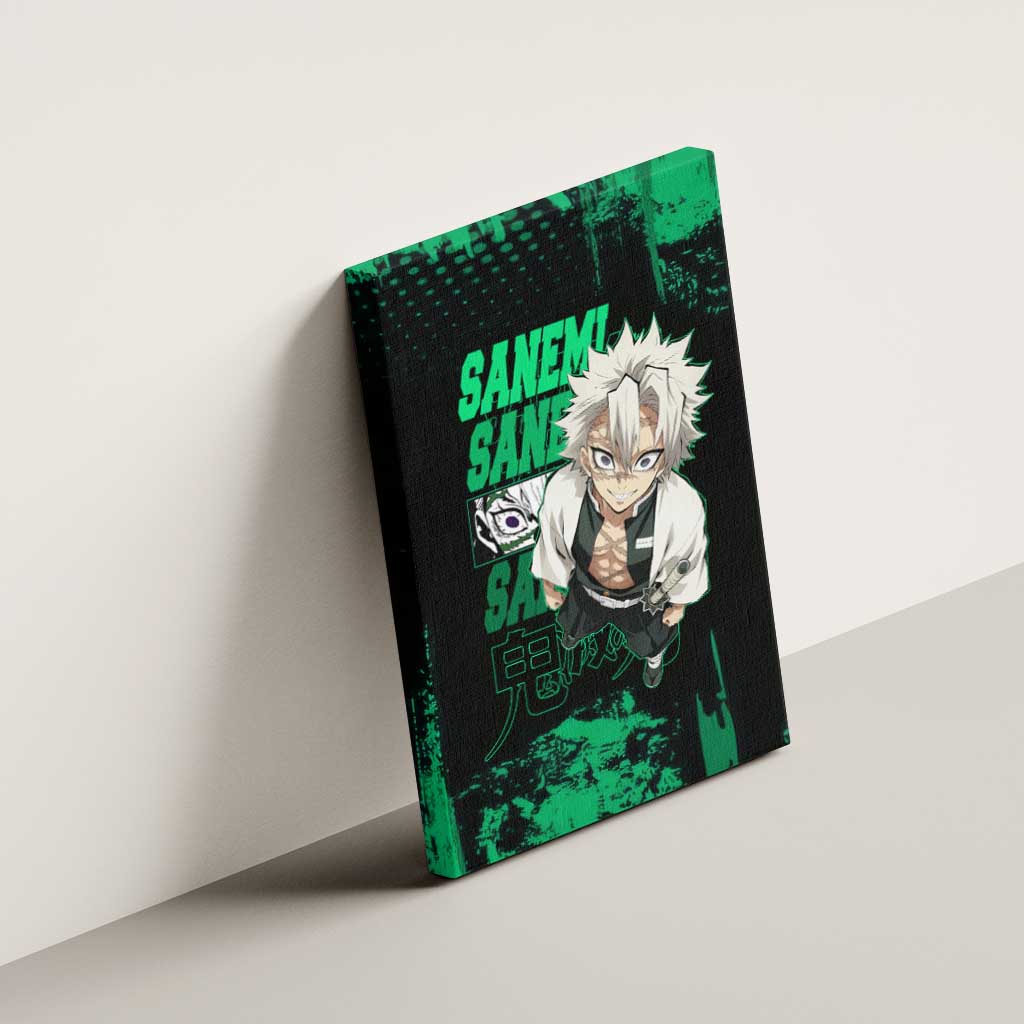 Sanemi Shinazugawa Demon Slayer Green and Black Grunge Canvas Wall Art Design with Intense Eyes and Wind Hashira Theme - The Mazicc