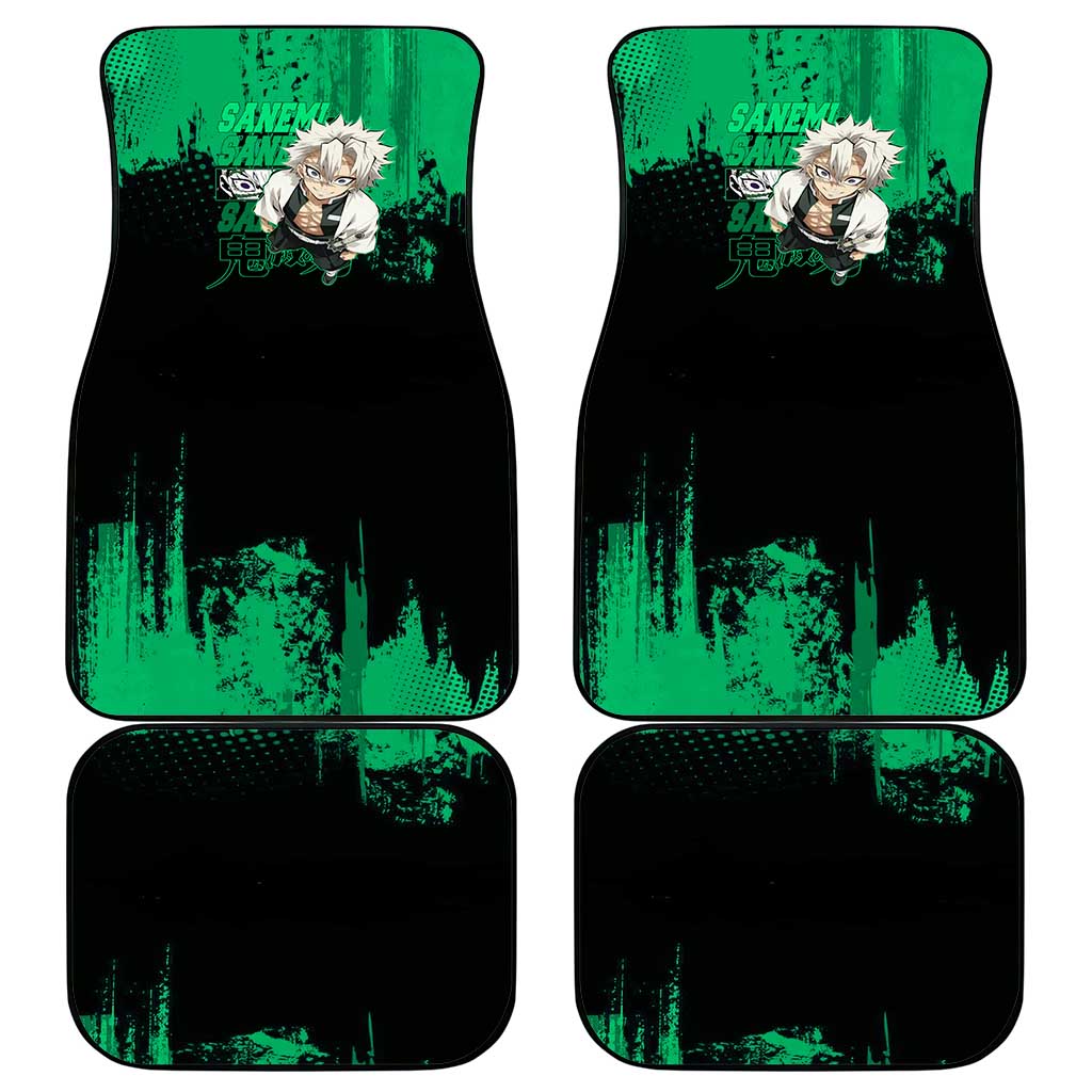Sanemi Shinazugawa Demon Slayer Green and Black Grunge Car Mats Design with Intense Eyes and Wind Hashira Theme - The Mazicc