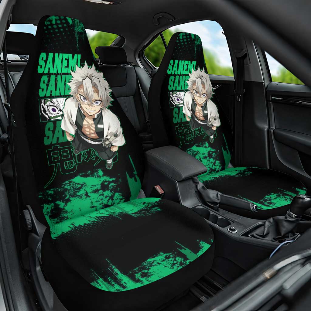 Sanemi Shinazugawa Demon Slayer Green and Black Grunge Car Seat Cover Design with Intense Eyes and Wind Hashira Theme - The Mazicc