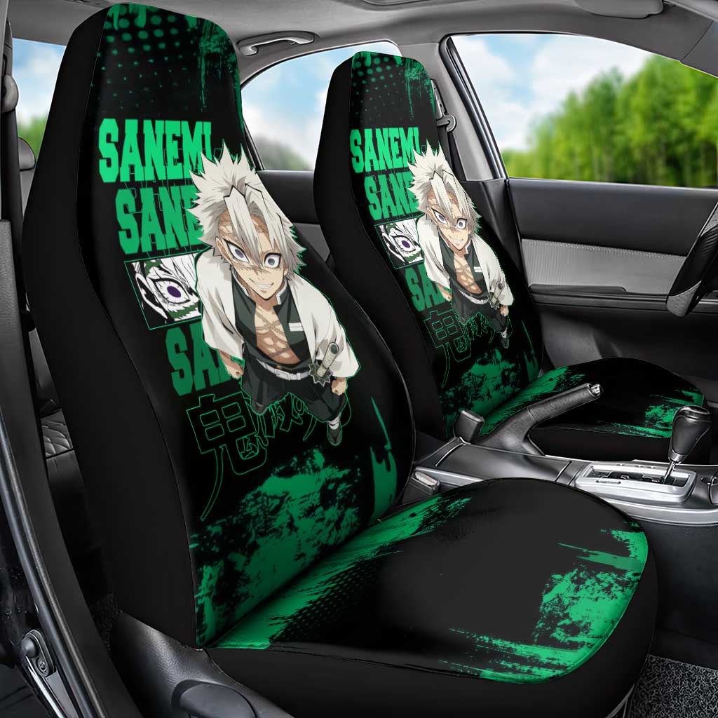 Sanemi Shinazugawa Demon Slayer Green and Black Grunge Car Seat Cover Design with Intense Eyes and Wind Hashira Theme - The Mazicc