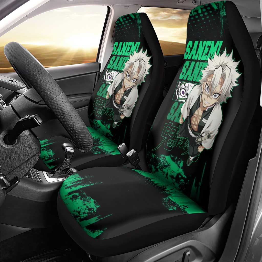 Sanemi Shinazugawa Demon Slayer Green and Black Grunge Car Seat Cover Design with Intense Eyes and Wind Hashira Theme - The Mazicc