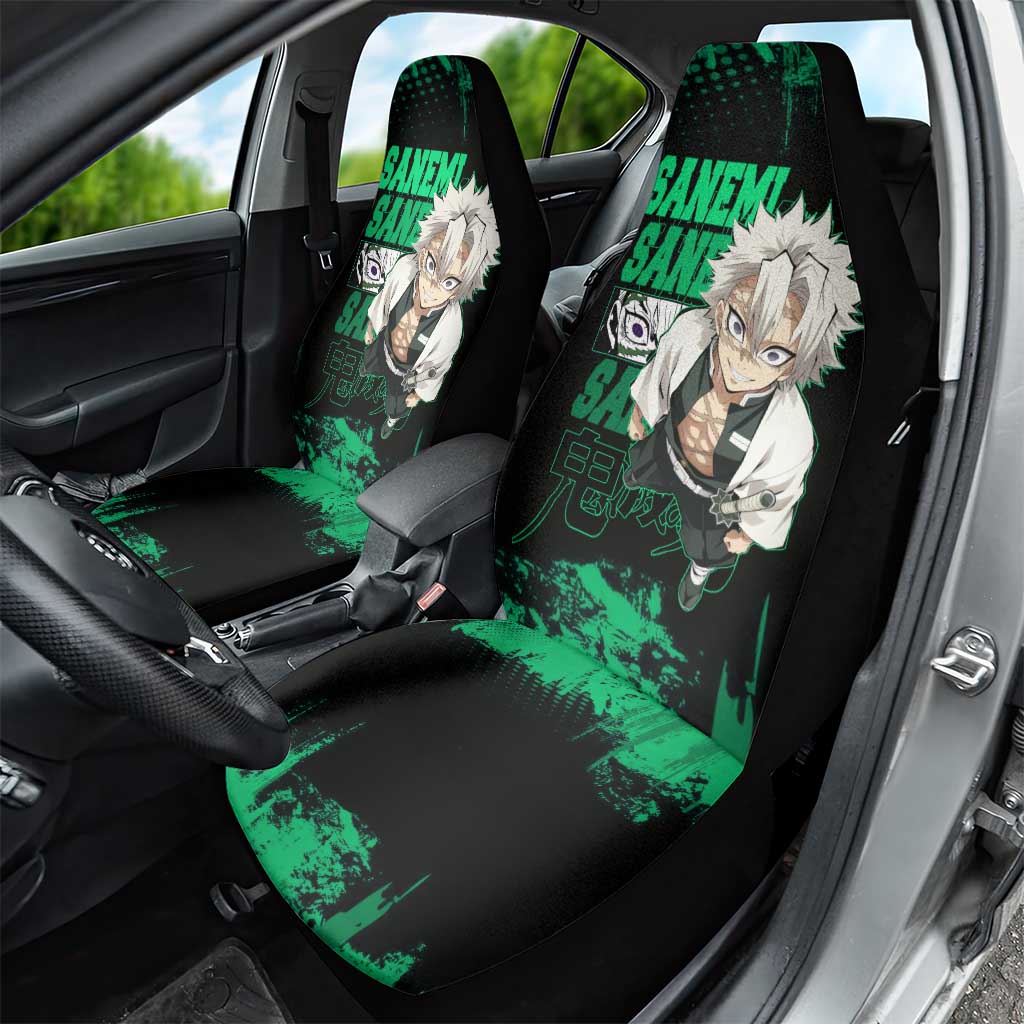 Sanemi Shinazugawa Demon Slayer Green and Black Grunge Car Seat Cover Design with Intense Eyes and Wind Hashira Theme - The Mazicc