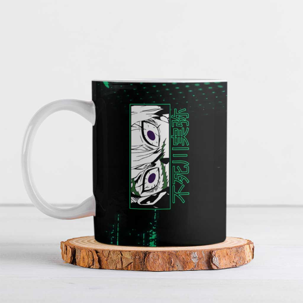 Sanemi Shinazugawa Demon Slayer Green and Black Grunge Ceramic Mug Design with Intense Eyes and Wind Hashira Theme - The Mazicc