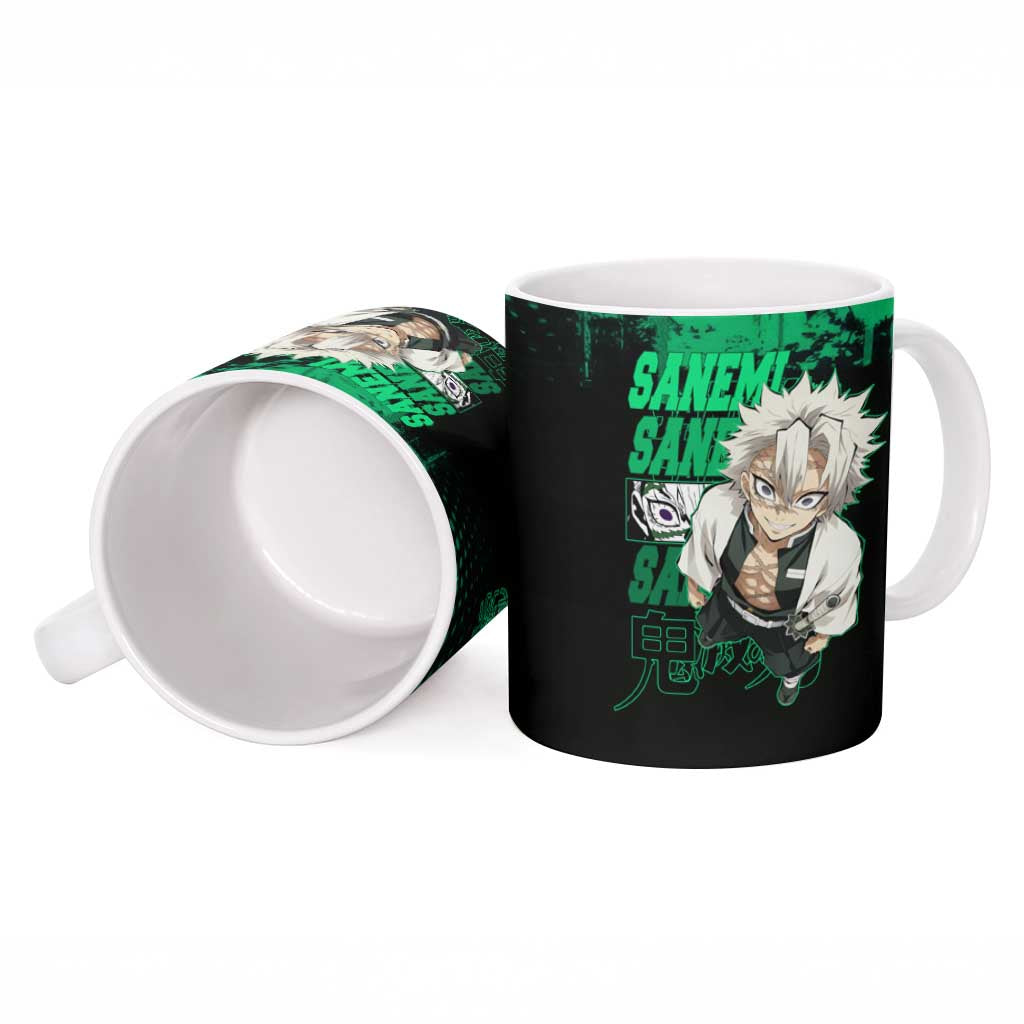 Sanemi Shinazugawa Demon Slayer Green and Black Grunge Ceramic Mug Design with Intense Eyes and Wind Hashira Theme - The Mazicc