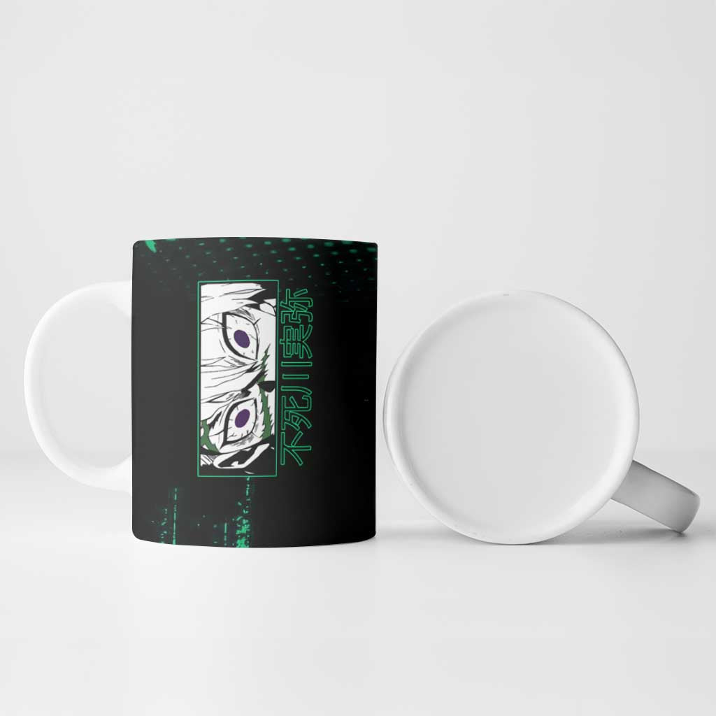 Sanemi Shinazugawa Demon Slayer Green and Black Grunge Ceramic Mug Design with Intense Eyes and Wind Hashira Theme - The Mazicc