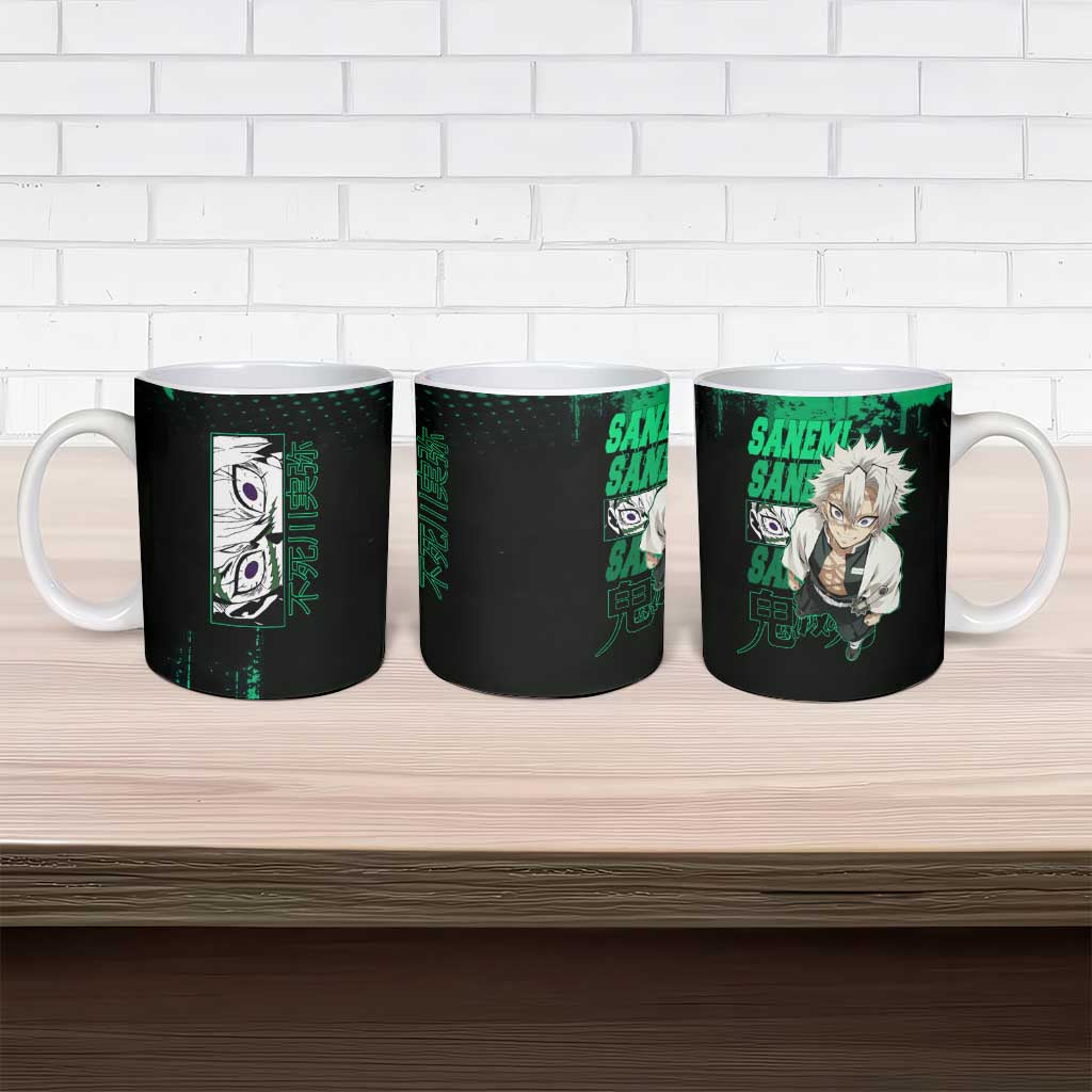 Sanemi Shinazugawa Demon Slayer Green and Black Grunge Ceramic Mug Design with Intense Eyes and Wind Hashira Theme - The Mazicc