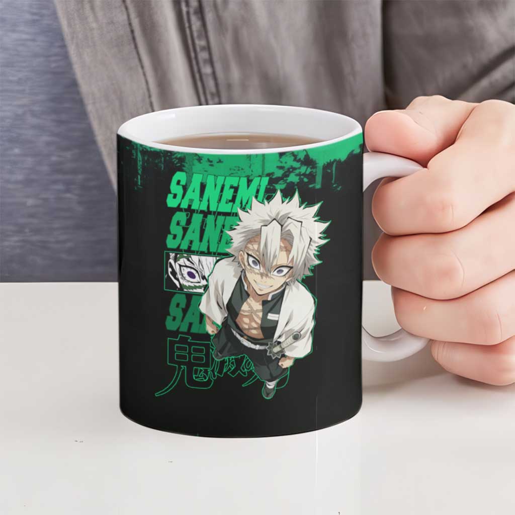 Sanemi Shinazugawa Demon Slayer Green and Black Grunge Ceramic Mug Design with Intense Eyes and Wind Hashira Theme - The Mazicc