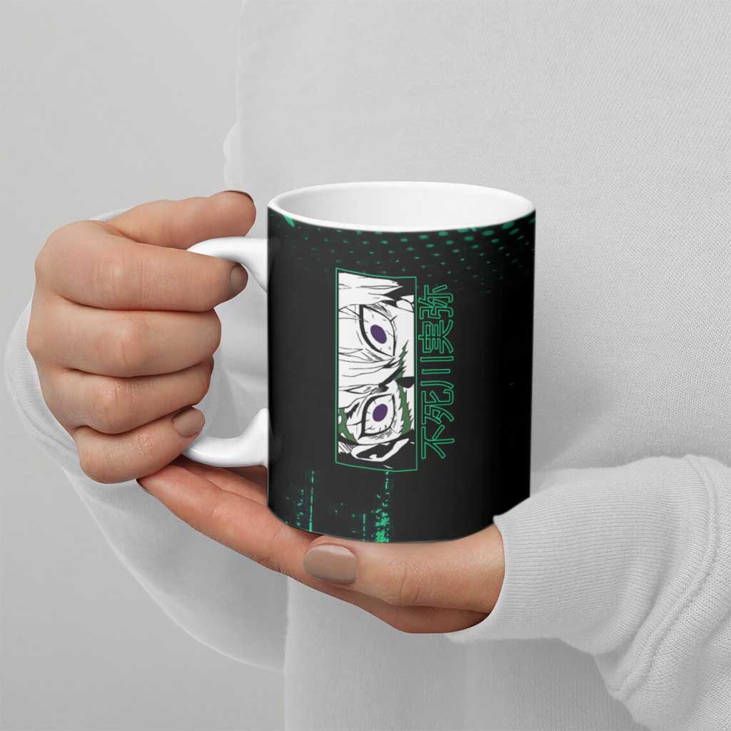 Sanemi Shinazugawa Demon Slayer Green and Black Grunge Ceramic Mug Design with Intense Eyes and Wind Hashira Theme - The Mazicc