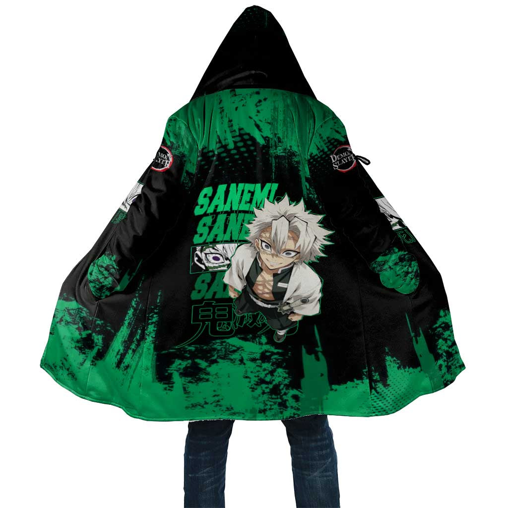 Sanemi Shinazugawa Demon Slayer Green and Black Grunge Cloak Design with Intense Eyes and Wind Hashira Theme - The Mazicc
