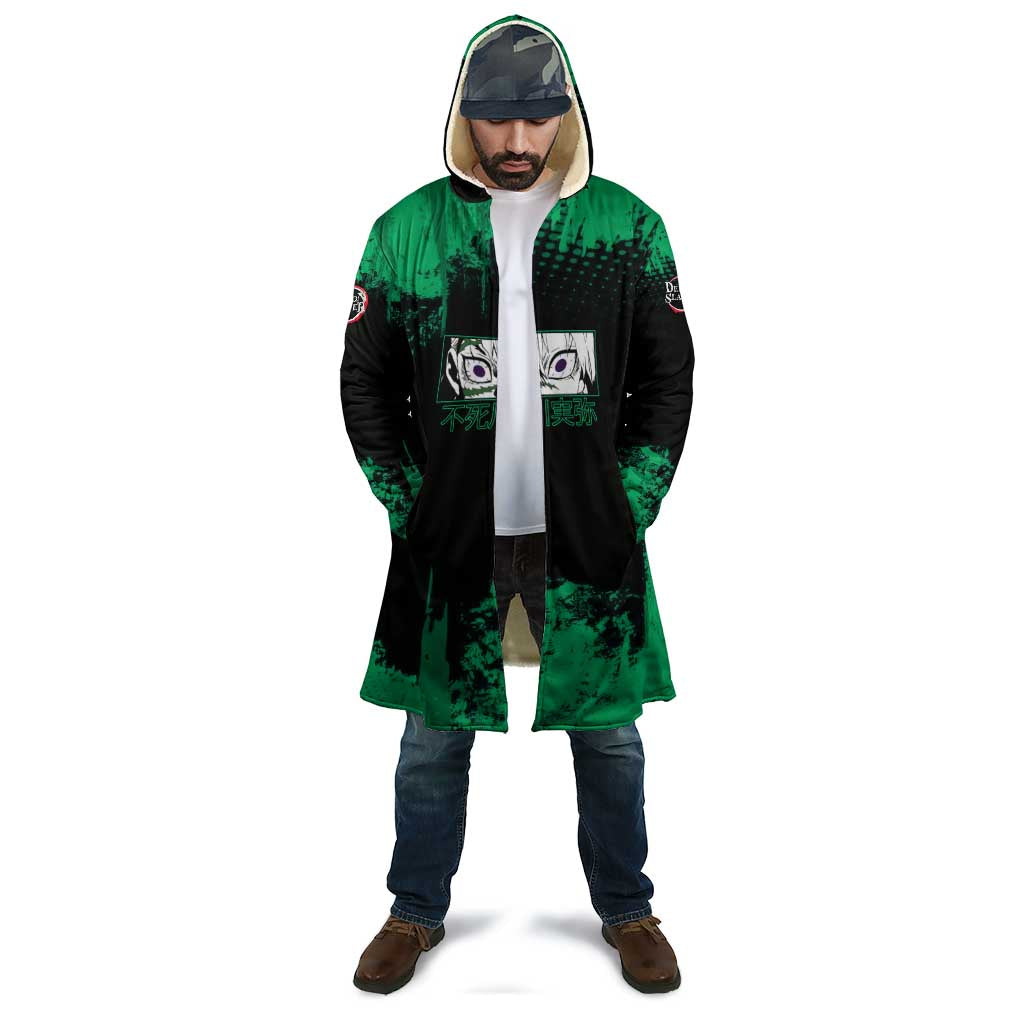 Sanemi Shinazugawa Demon Slayer Green and Black Grunge Cloak Design with Intense Eyes and Wind Hashira Theme - The Mazicc