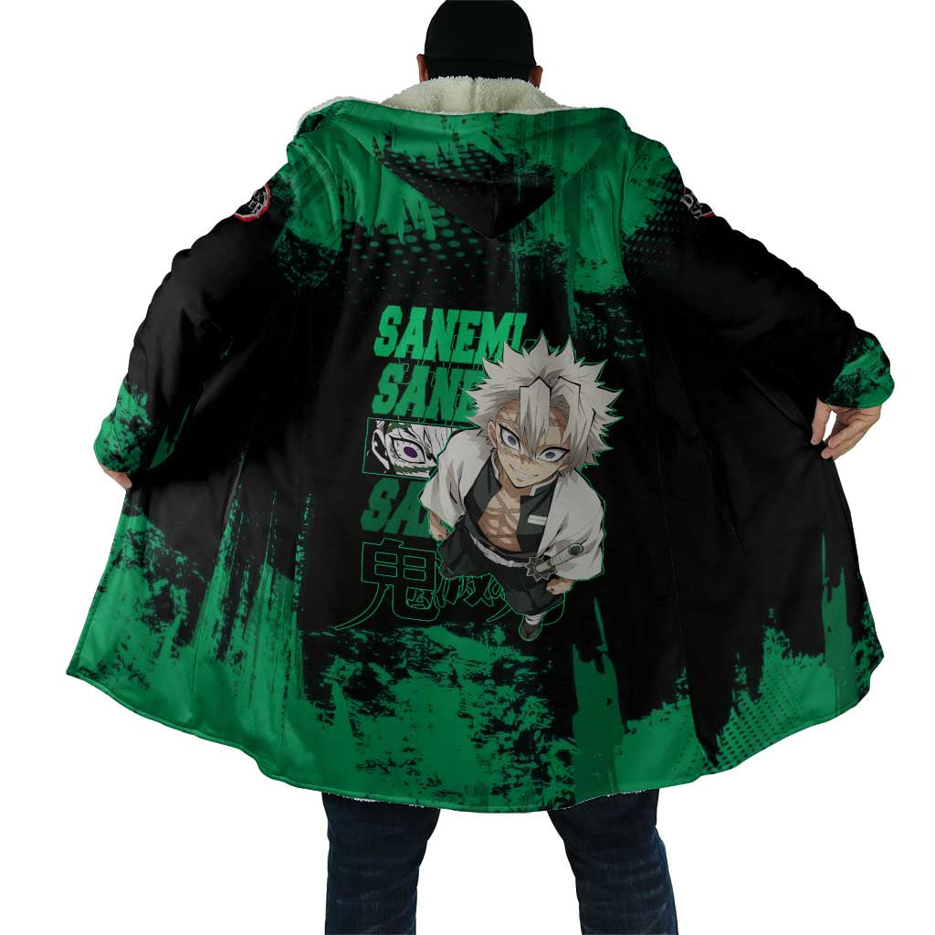 Sanemi Shinazugawa Demon Slayer Green and Black Grunge Cloak Design with Intense Eyes and Wind Hashira Theme - The Mazicc