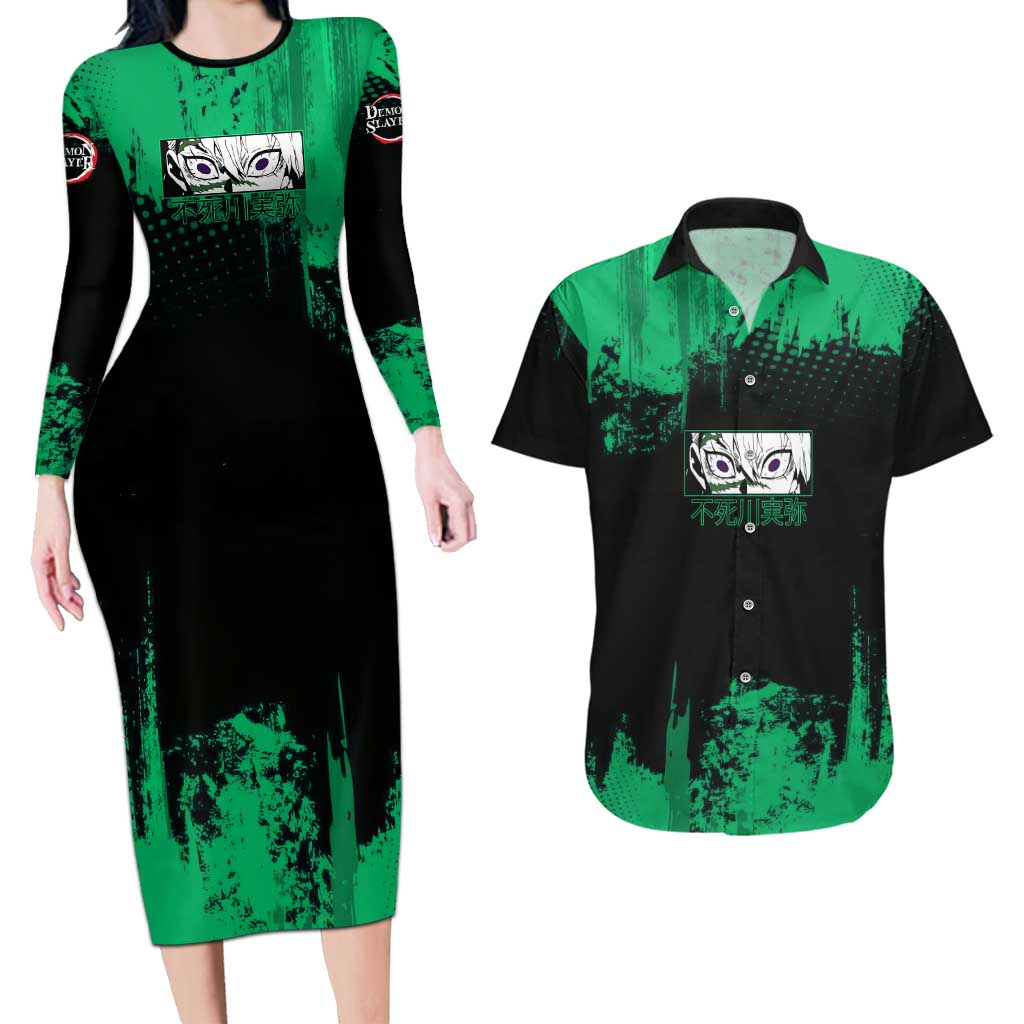 Sanemi Shinazugawa Demon Slayer Green and Black Grunge Couples Matching Long Sleeve Bodycon Dress and Hawaiian Shirt Design with Intense Eyes and Wind Hashira Theme - The Mazicc