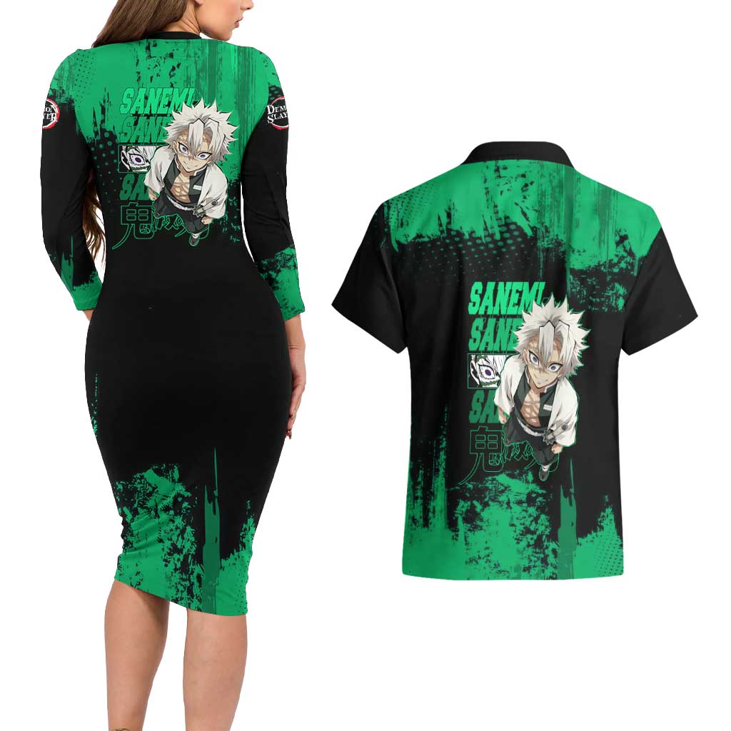 Sanemi Shinazugawa Demon Slayer Green and Black Grunge Couples Matching Long Sleeve Bodycon Dress and Hawaiian Shirt Design with Intense Eyes and Wind Hashira Theme - The Mazicc
