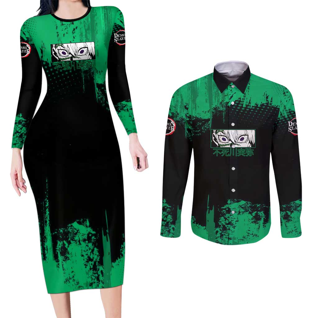 Sanemi Shinazugawa Demon Slayer Green and Black Grunge Couples Matching Long Sleeve Bodycon Dress and Long Sleeve Button Shirt Design with Intense Eyes and Wind Hashira Theme - The Mazicc