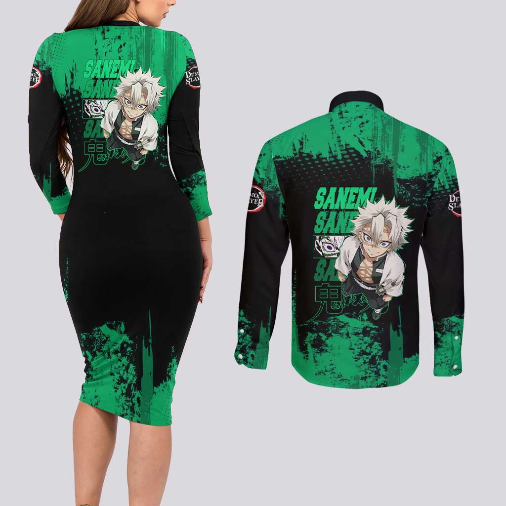 Sanemi Shinazugawa Demon Slayer Green and Black Grunge Couples Matching Long Sleeve Bodycon Dress and Long Sleeve Button Shirt Design with Intense Eyes and Wind Hashira Theme - The Mazicc