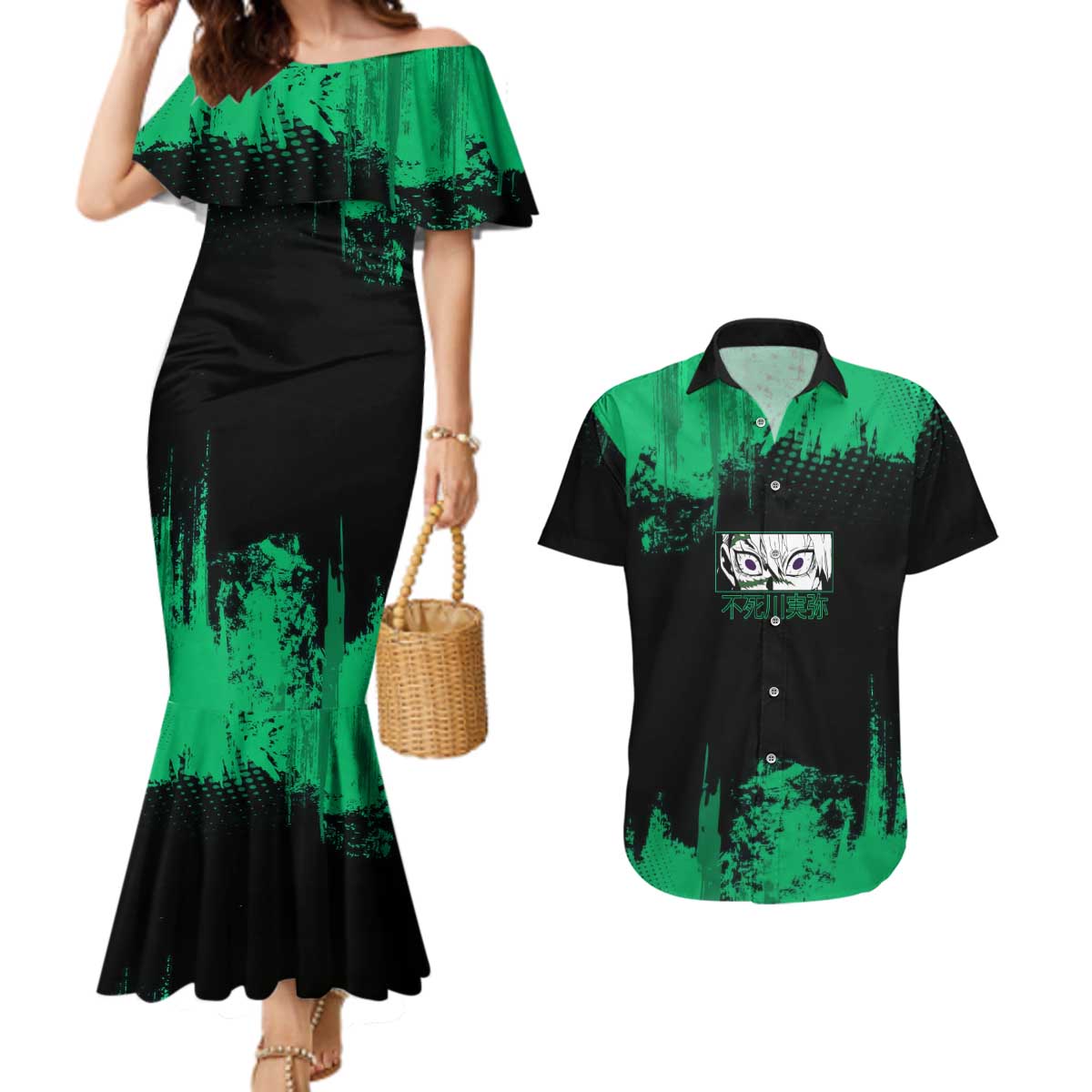 Sanemi Shinazugawa Demon Slayer Green and Black Grunge Couples Matching Mermaid Dress and Hawaiian Shirt Design with Intense Eyes and Wind Hashira Theme - The Mazicc
