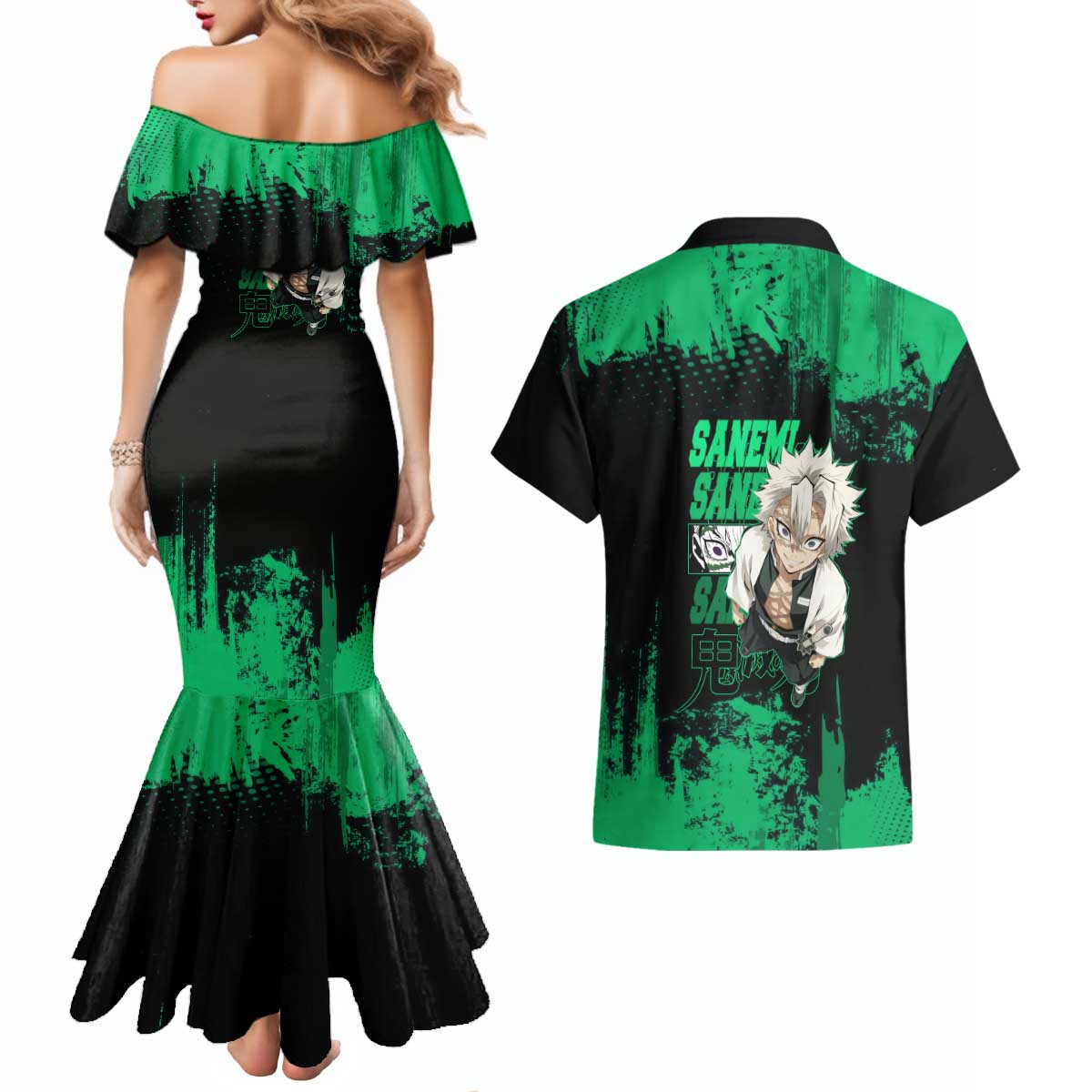 Sanemi Shinazugawa Demon Slayer Green and Black Grunge Couples Matching Mermaid Dress and Hawaiian Shirt Design with Intense Eyes and Wind Hashira Theme - The Mazicc