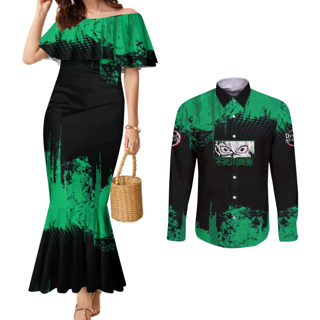 Sanemi Shinazugawa Demon Slayer Green and Black Grunge Couples Matching Mermaid Dress and Long Sleeve Button Shirt Design with Intense Eyes and Wind Hashira Theme - The Mazicc