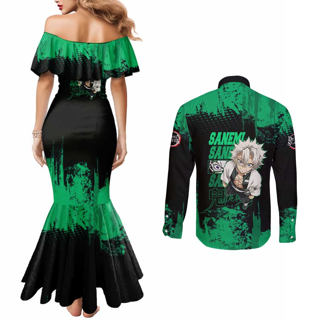 Sanemi Shinazugawa Demon Slayer Green and Black Grunge Couples Matching Mermaid Dress and Long Sleeve Button Shirt Design with Intense Eyes and Wind Hashira Theme - The Mazicc