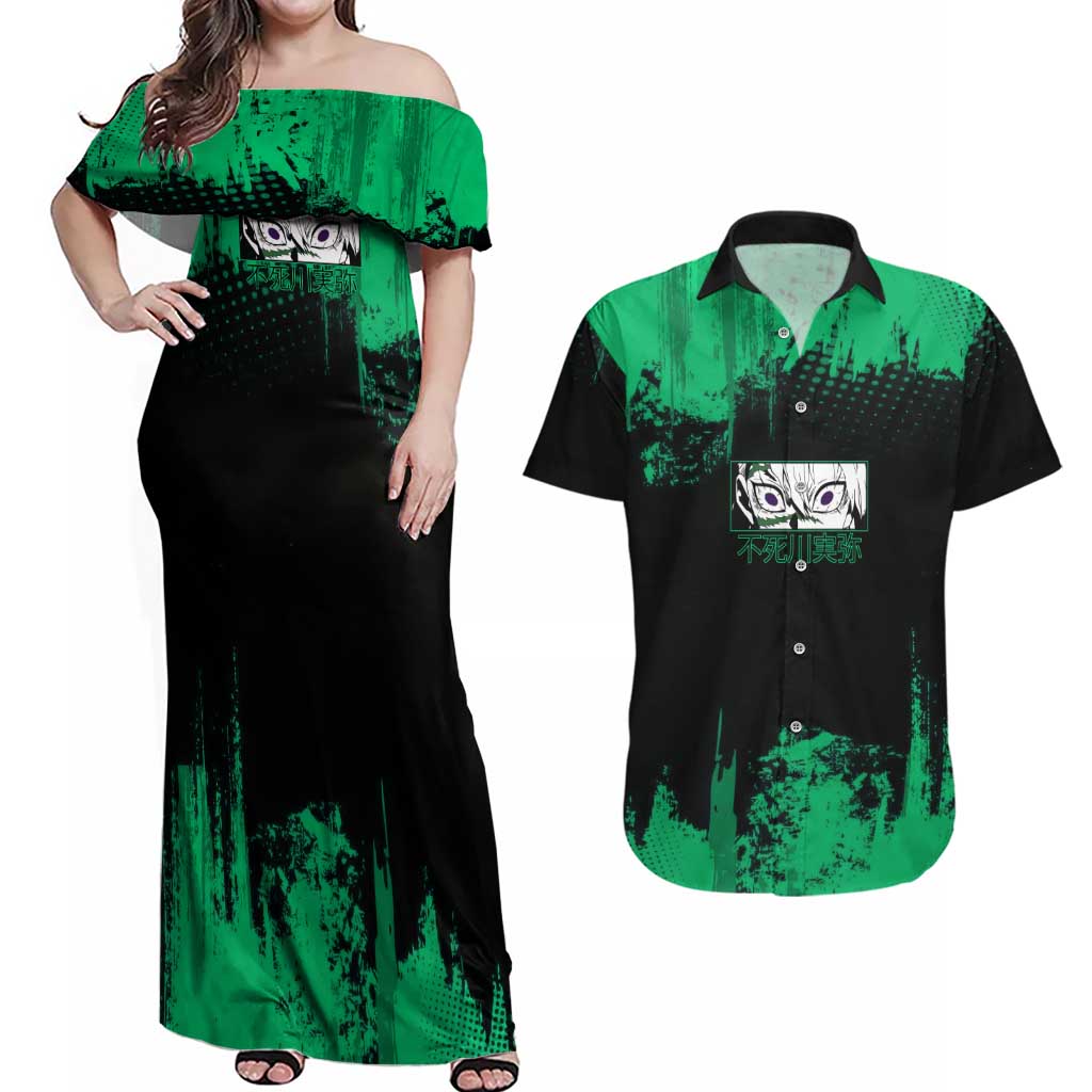 Sanemi Shinazugawa Demon Slayer Green and Black Grunge Couples Matching Off Shoulder Maxi Dress and Hawaiian Shirt Design with Intense Eyes and Wind Hashira Theme - The Mazicc