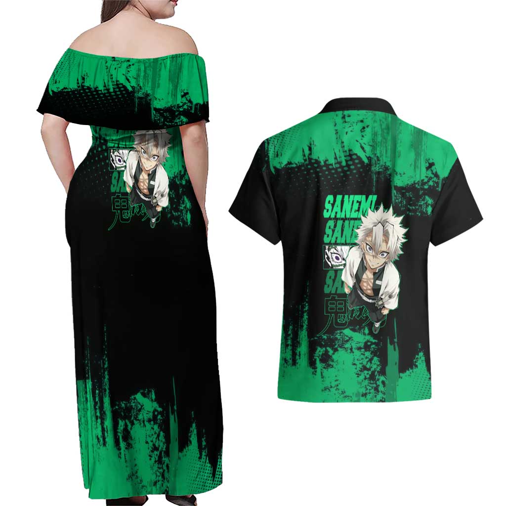 Sanemi Shinazugawa Demon Slayer Green and Black Grunge Couples Matching Off Shoulder Maxi Dress and Hawaiian Shirt Design with Intense Eyes and Wind Hashira Theme - The Mazicc