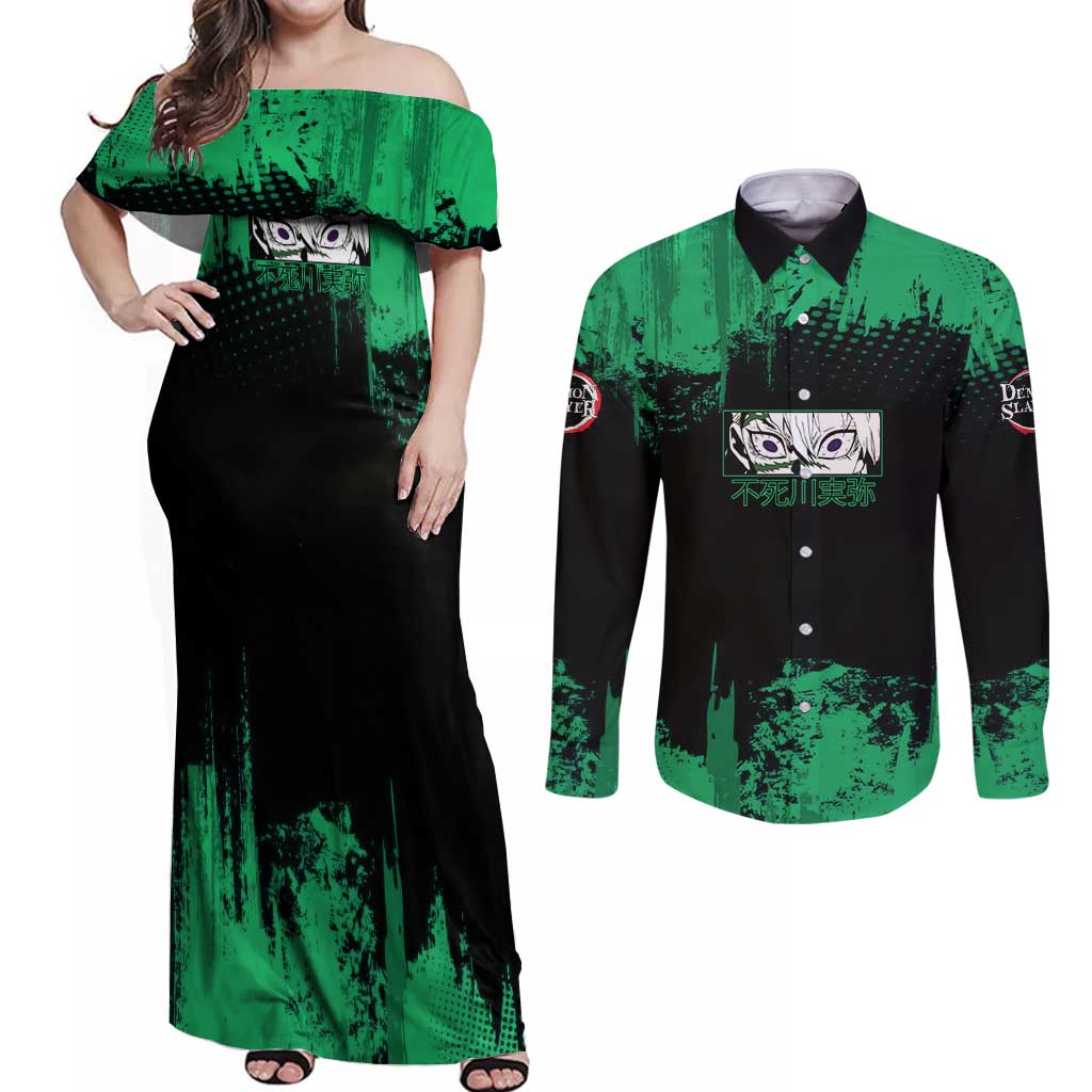 Sanemi Shinazugawa Demon Slayer Green and Black Grunge Couples Matching Off Shoulder Maxi Dress and Long Sleeve Button Shirt Design with Intense Eyes and Wind Hashira Theme - The Mazicc