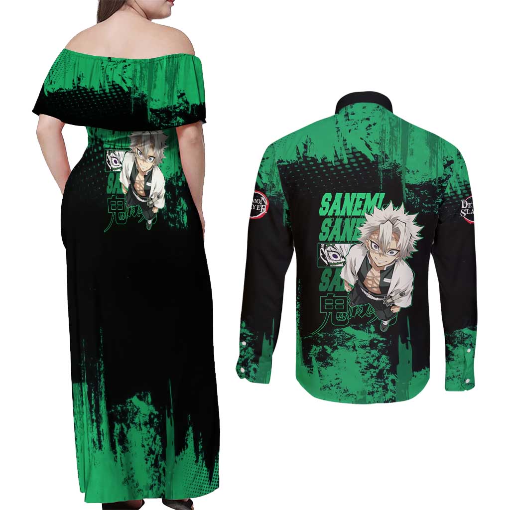 Sanemi Shinazugawa Demon Slayer Green and Black Grunge Couples Matching Off Shoulder Maxi Dress and Long Sleeve Button Shirt Design with Intense Eyes and Wind Hashira Theme - The Mazicc