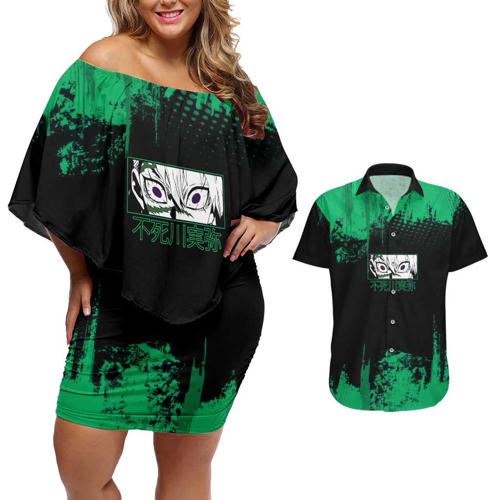 Sanemi Shinazugawa Demon Slayer Green and Black Grunge Couples Matching Off Shoulder Short Dress and Hawaiian Shirt Design with Intense Eyes and Wind Hashira Theme - The Mazicc