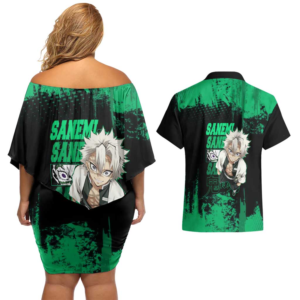 Sanemi Shinazugawa Demon Slayer Green and Black Grunge Couples Matching Off Shoulder Short Dress and Hawaiian Shirt Design with Intense Eyes and Wind Hashira Theme - The Mazicc