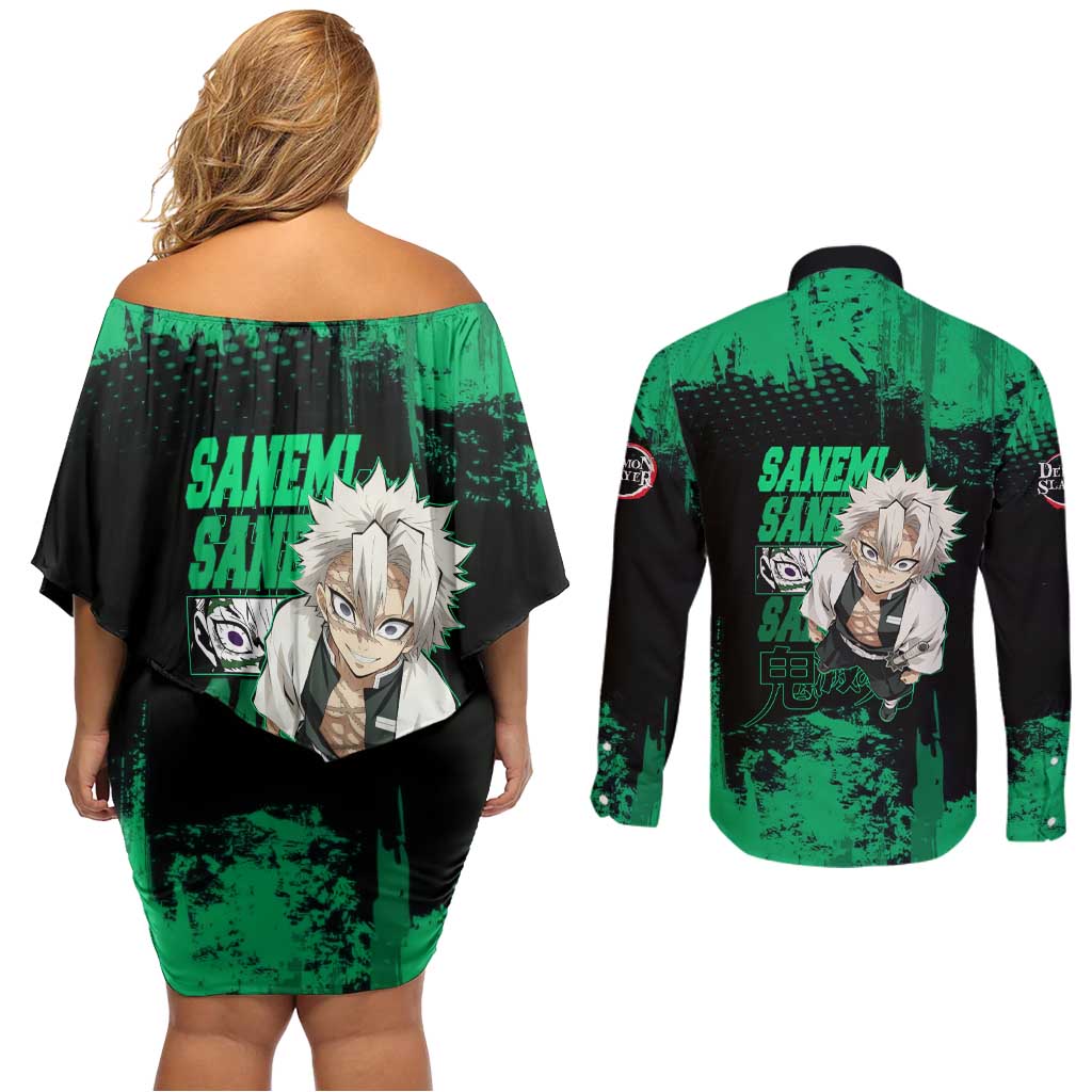 Sanemi Shinazugawa Demon Slayer Green and Black Grunge Couples Matching Off Shoulder Short Dress and Long Sleeve Button Shirt Design with Intense Eyes and Wind Hashira Theme - The Mazicc