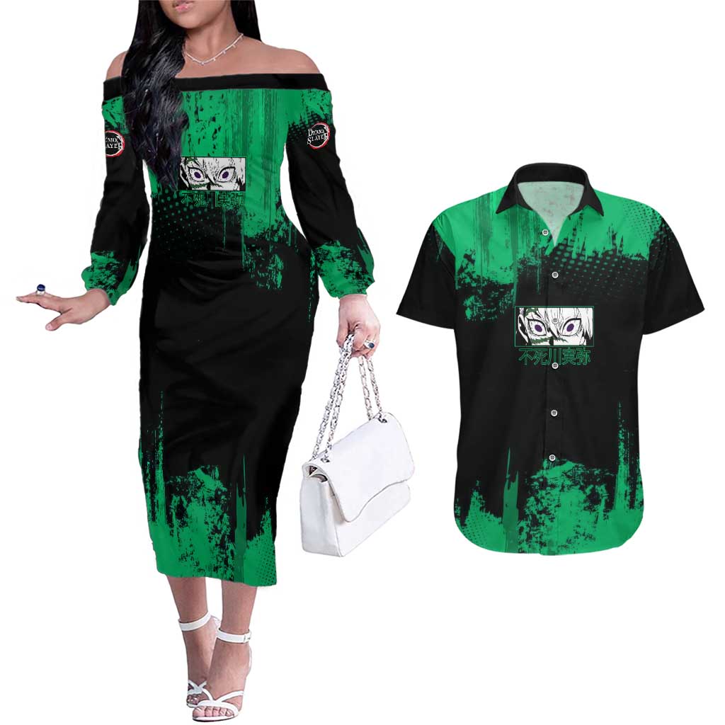 Sanemi Shinazugawa Demon Slayer Green and Black Grunge Couples Matching Off The Shoulder Long Sleeve Dress and Hawaiian Shirt Design with Intense Eyes and Wind Hashira Theme - The Mazicc