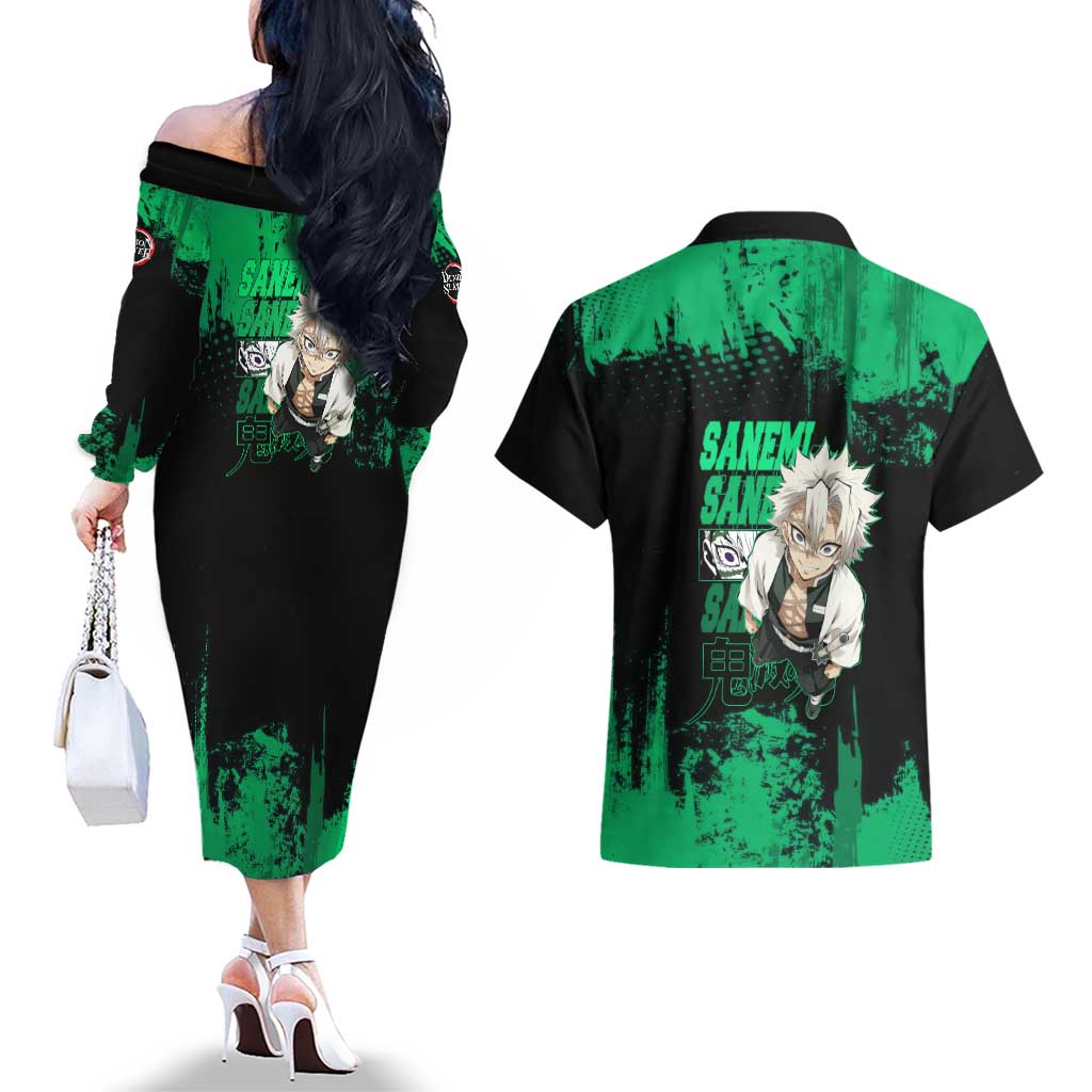 Sanemi Shinazugawa Demon Slayer Green and Black Grunge Couples Matching Off The Shoulder Long Sleeve Dress and Hawaiian Shirt Design with Intense Eyes and Wind Hashira Theme - The Mazicc